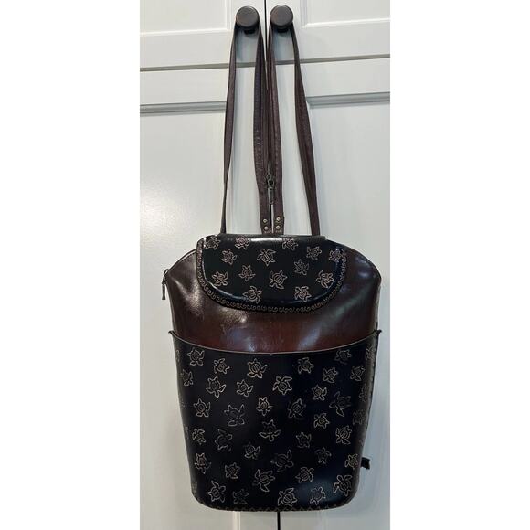 NEW Mexico Brown Turtle Embossed Tooled‎ Leather Women\'s Backpack 13” Purse